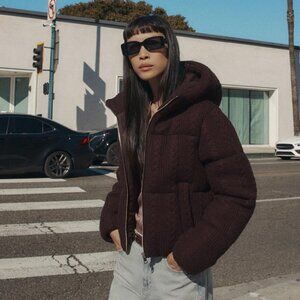 Zara Cable Knit Hooded Anorak Burgundy Large Fleece Lined Sustainable Jacket NWT
